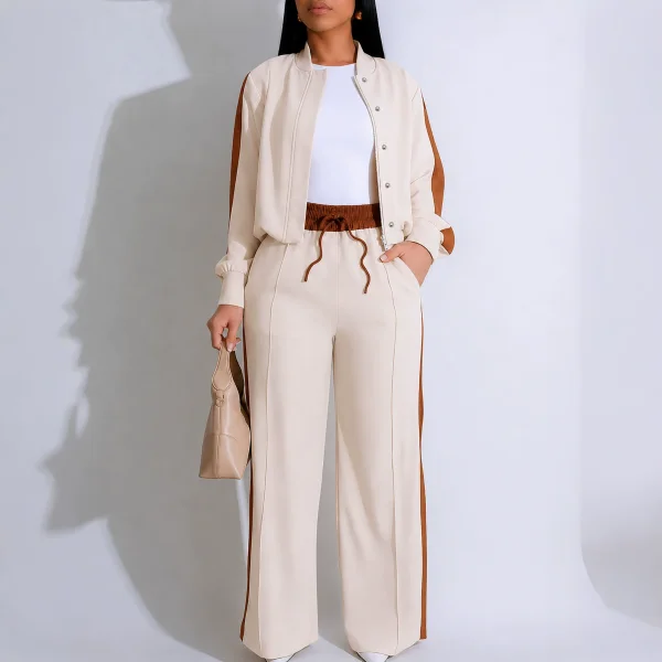 EVE Contrast Color Long Sleeve Drawstring Two Piece Pants Set HNIF-YF012