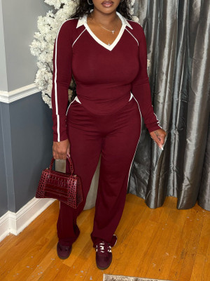 EVE Contrast Color Lapel Stripe Two Piece Pants Set HNIF-MC013