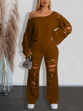 EVE Solid Color Holes Sport Two Piece Pants Set HNIF-HZ6120