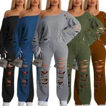 EVE Solid Color Holes Sport Two Piece Pants Set HNIF-HZ6120