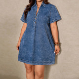 EVE Plus Size V Neck Short Sleeve Casual Denim Dress GDAM-218837