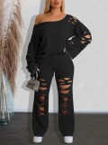 EVE Solid Color Holes Sport Two Piece Pants Set HNIF-HZ6120