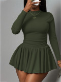 EVE Solid Color Long Sleeve Top Pleated Skirts Suit HNIF-YF193