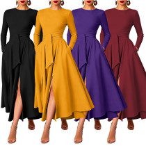 EVE Long Sleeve Solid Color Tie Up Maxi Dress YF-11134