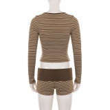 EVE Long Sleeve Stripe Tops Two Piece Shorts Set GPKJ-MR51810