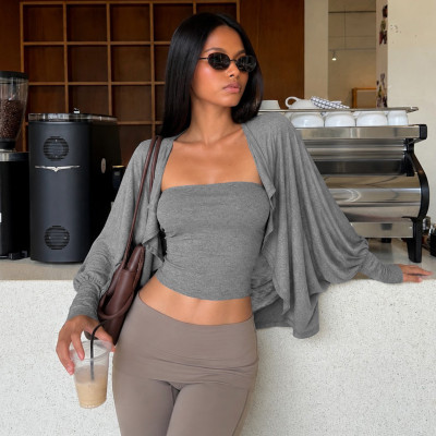 EVE Solid Color Wrap Chest Top+Bat Sleeve Cardigan 2 Piece Top GPKJ-MR51985