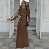 EVE Long Sleeve Solid Color Ruched Maxi Dress BLG-D5619385A