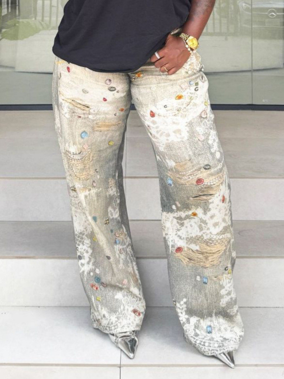 EVE Plus Size Lace Jewelry Printed Jeans GYLN-7910