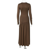 EVE Long Sleeve Solid Color Ruched Maxi Dress BLG-D5619385A
