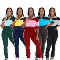 EVE Color Block Patchwork Half Sleeve Top Pants Suit SFY-924