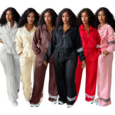 EVE Solid Color Long Sleeve Sweatshirt Two Piece Pants Set TK-6358