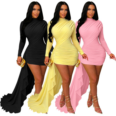 EVE Solid Color Long Sleeve Ruched Mini Dress YF-11132