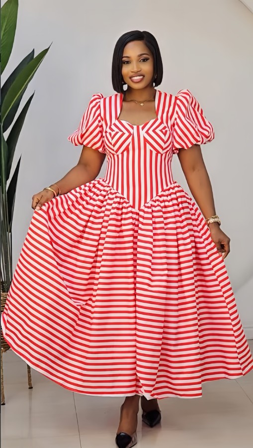 EVE Stripe Puff Sleeve U Neck Ruched Maxi Dress GXIN-8996