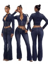 EVE Fashion Denim Long Sleeve Zipper Two Piece Pants Set NYF-8219