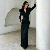 EVE Solid Color Long Sleeve Fur Neck Maxi Dress GSZM-C26DS379