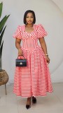 EVE Stripe Puff Sleeve U Neck Ruched Maxi Dress GXIN-8996