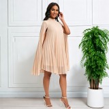 EVE Plus Size Shawl Sleeve Pleated Chiffon Midi Dress GATE-651