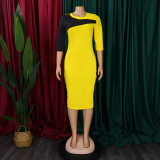 EVE Plus Size Contrast Color 3/4 Sleeve Midi Dress GCZF-8677