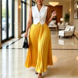 EVE Plus Size Sleeveless Lapel Top Press Pleated Skrit 2 Piece Set GMLF-3387
