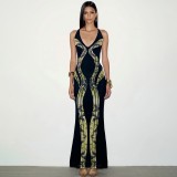 EVE Deep V Neck Hollow Out Printed Maxi Dress DLSF-K6D16931A
