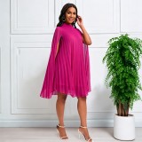 EVE Plus Size Shawl Sleeve Pleated Chiffon Midi Dress GATE-651