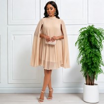 EVE Plus Size Shawl Sleeve Pleated Chiffon Midi Dress GATE-651