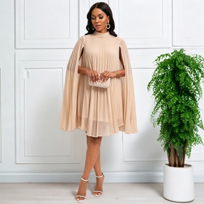 EVE Plus Size Shawl Sleeve Pleated Chiffon Midi Dress GATE-651