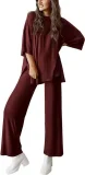 EVE Plus Size Long Sleeve Solid Color Loose 2 Piece Pants Set GWHT-509