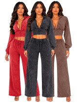 EVE Long Sleeve Zipper Top Wide Leg Pants Suit CH-26086
