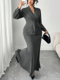 EVE Plus Size Long Sleeve V Neck Two Piece Skirts Set GAWE-6797
