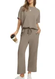 EVE Plus Size Short Sleeve Solid Color Two Piece Pants Set GWHT-A28