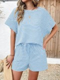 EVE Plus Size Stripe SHort Sleeve T Shirts Two Piece Shorts Set GWHT-A339