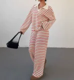 EVE Stripe Lapel Knits Long Sleeve Pants 2 Piece Set GWHT-A53