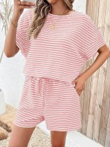EVE Plus Size Stripe SHort Sleeve T Shirts Two Piece Shorts Set GWHT-A339