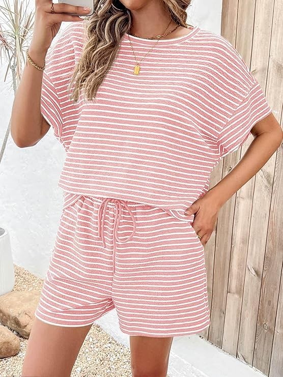 EVE Plus Size Stripe SHort Sleeve T Shirts Two Piece Shorts Set GWHT-A339