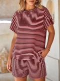 EVE Plus Size Stripe SHort Sleeve T Shirts Two Piece Shorts Set GWHT-A339