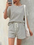EVE Plus Size Stripe SHort Sleeve T Shirts Two Piece Shorts Set GWHT-A339