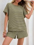 EVE Plus Size Stripe SHort Sleeve T Shirts Two Piece Shorts Set GWHT-A339
