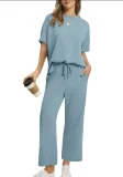 EVE Plus Size Short Sleeve Solid Color Two Piece Pants Set GWHT-A28