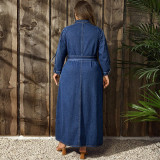 EVE Plus Size Single Breasted Belt Denim Maxi Dress GDAM-218846