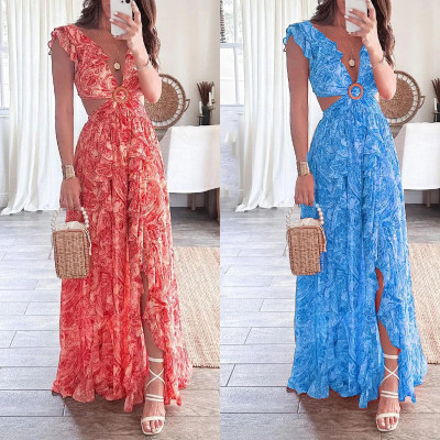 EVE Plus Size Sexy Printed Hollow Out Maxi Dress GHMF-24317