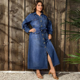 EVE Plus Size Single Breasted Belt Denim Maxi Dress GDAM-218846