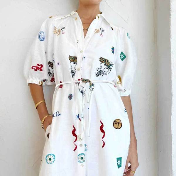 EVE Plus Size Printed Tie Up Puff Sleeve Shirt Dress GHMF-25113