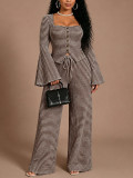 EVE Stripe Flare Sleeve Single Breasted Two Piece Pants Set HNIF-YY051