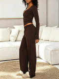 EVE Long Sleeve V Neck Solid Color Two Piece Pants Set MIL-L415