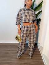 EVE Plaid Printed Long Sleeve Two Piece Pants Set TE-4762
