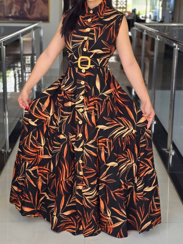 EVE Sleeveless Printed Belt Maxi Dress GYLY-10810