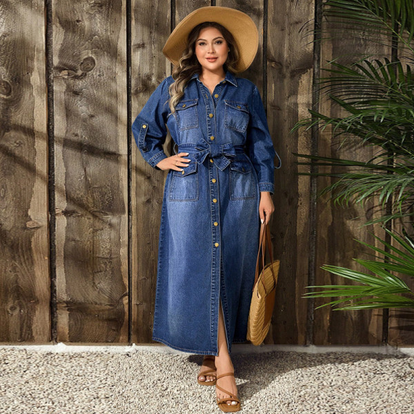 EVE Plus Size Single Breasted Belt Denim Maxi Dress GDAM-218846