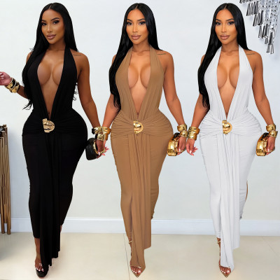 EVE Deep V Neck Halterneck Backless Maxi Dress BY-7833