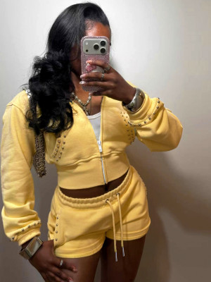 EVE Rivet Sport Long Sleeve Sweatshirt Two Piece Short Set SH-391631